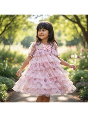 Angel’s Face Girls Pink Pleated Tulle Dress Floral Sheer Puff Sleeves Sz 10y/11y